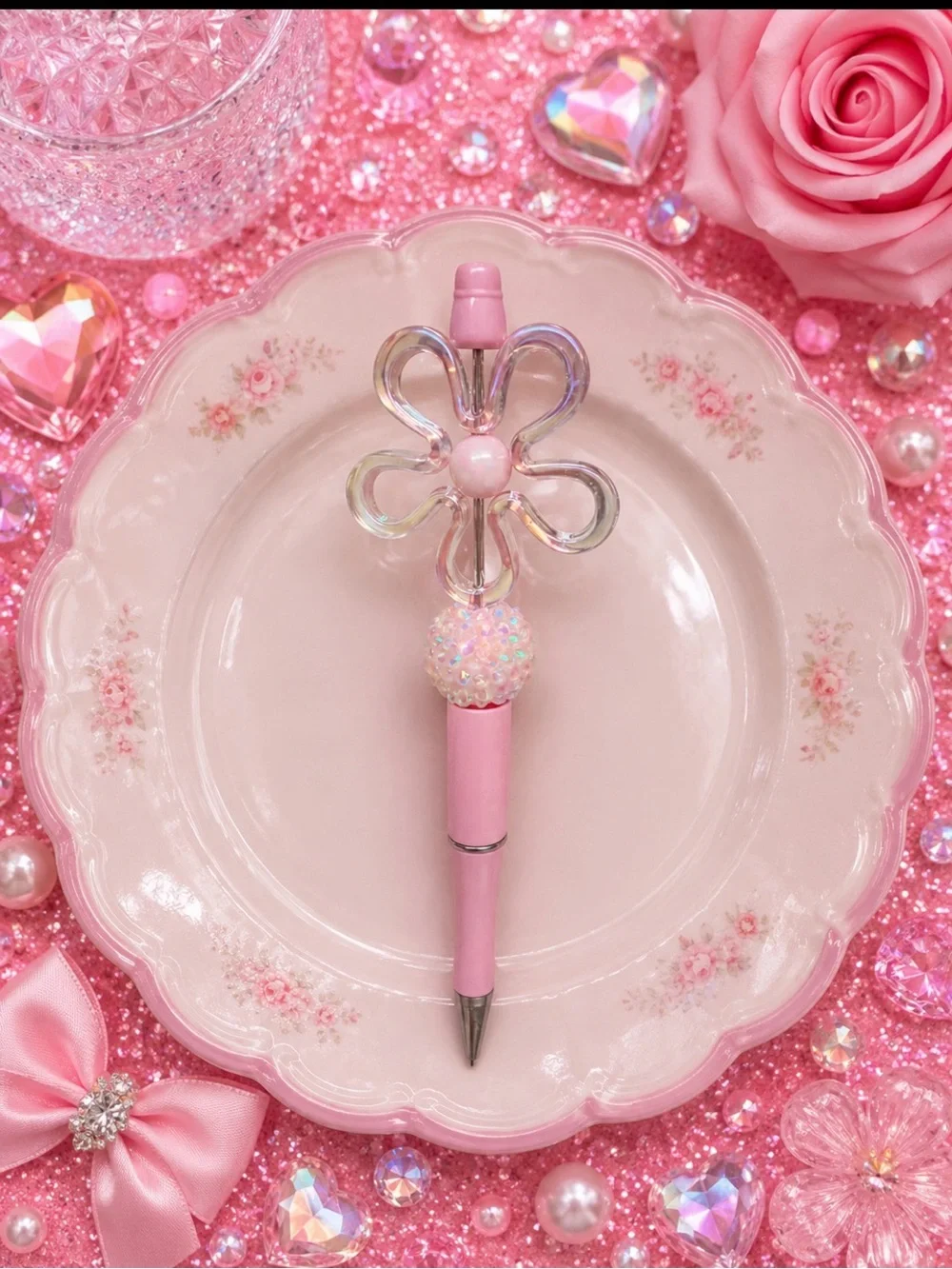 Handmade Pink Flower Top Ballpoint Pen with Sparkle Bead